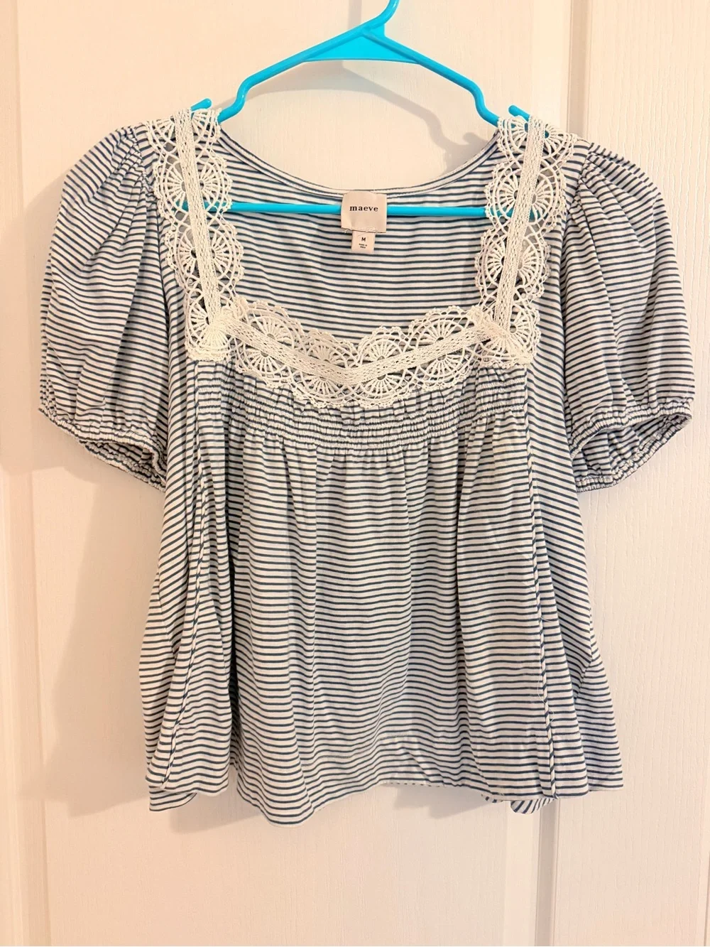 Anthropologie - Maeve - Lace-Trim Striped Puff Sleeve Top